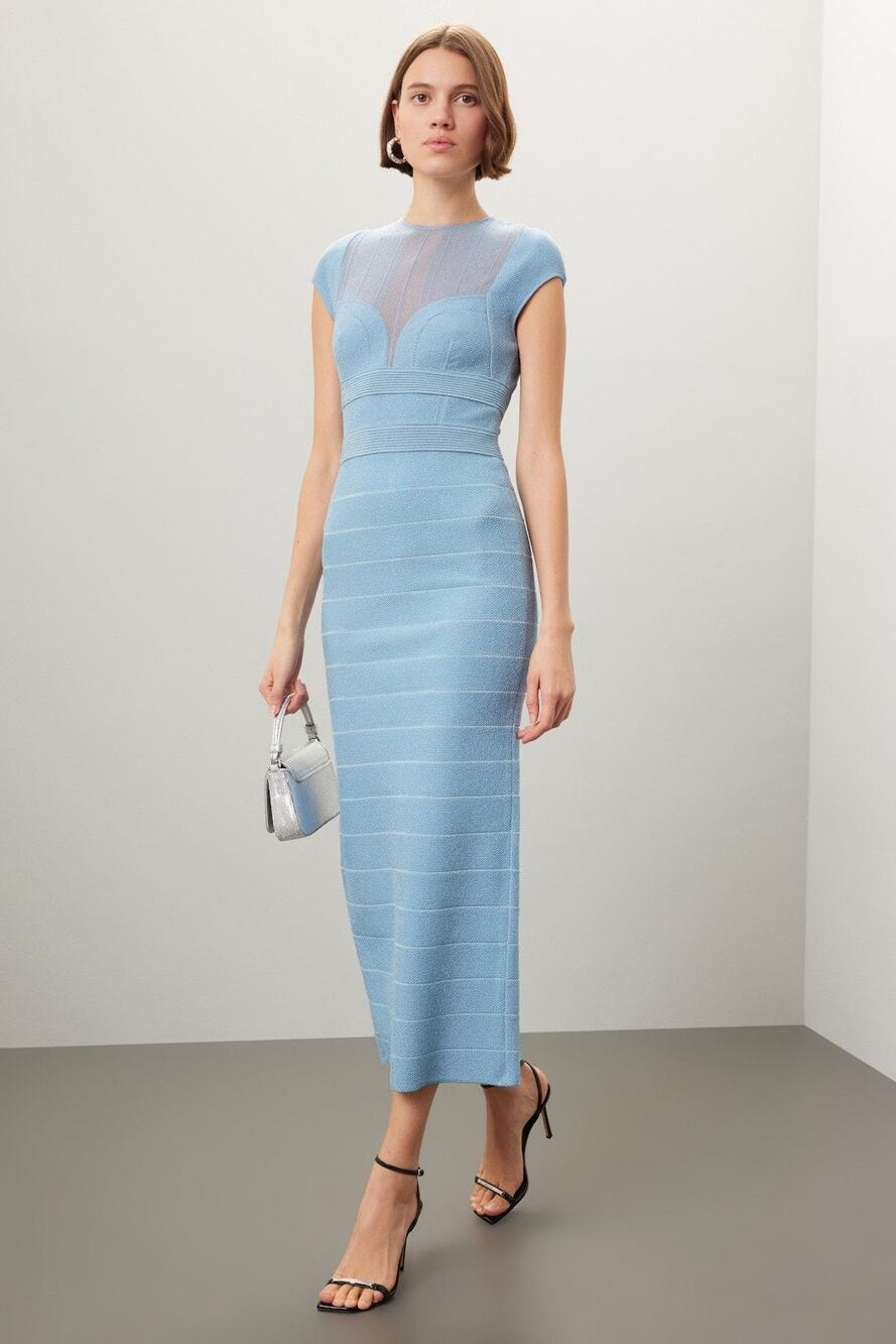 Herve Leger Blue Bandage Maxi Dress Large Cap Sleeve Bodycon Gown Black Tie